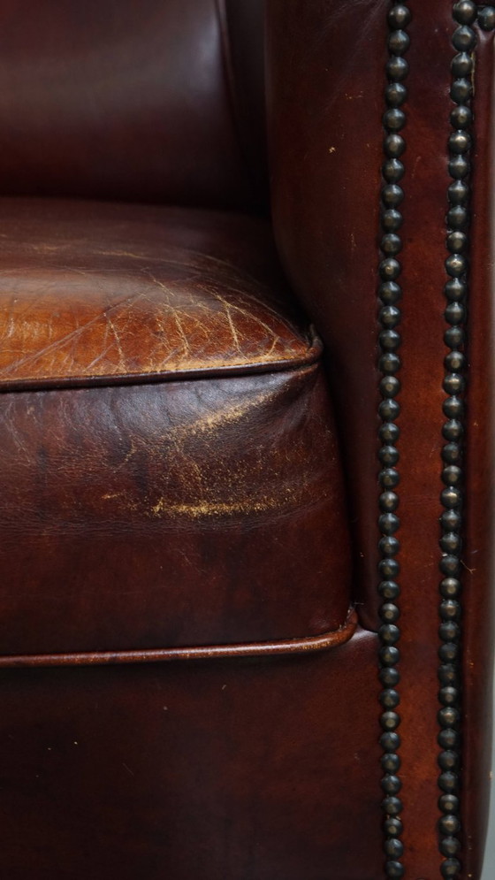 Image 1 of Sedia club in pelle di vacchetta in stile inglese con cuscino di seduta fisso