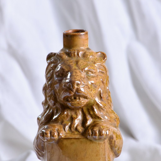 Vase - Bouteille Ancienne Zoomorphe Lion En Grès Émaillé Signée Gps