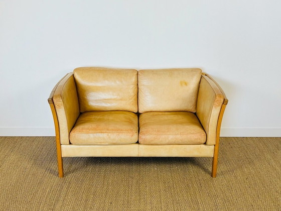 Image 1 of Vintage Scandinavian 2-seater sofa in beige leather and wood by Stouby, 1960s