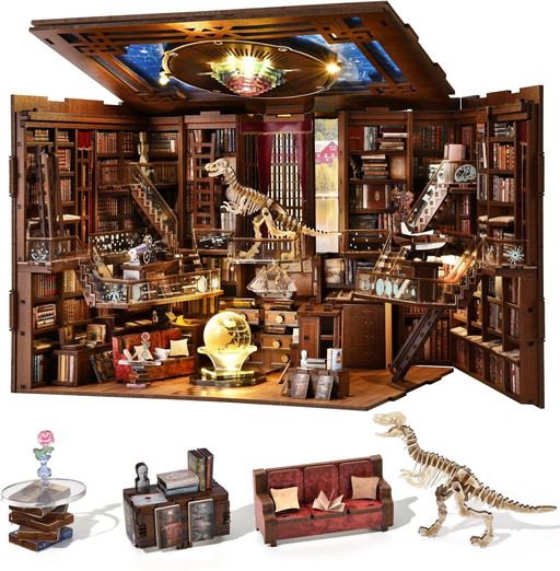 MiniCity Book Nook Kit - DIY Maison de poupée Miniature - Kit Booknook - Puzzle 3D en Bois - Serre-Livres - Décoration avec lumi