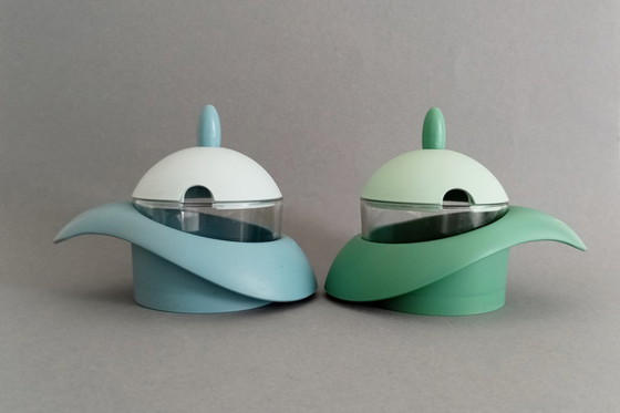 Image 1 of Coppia di parmigiane/zuccheriere di Pino Spagnolo, design space age/pop-art, anni '70, Biesse Italia