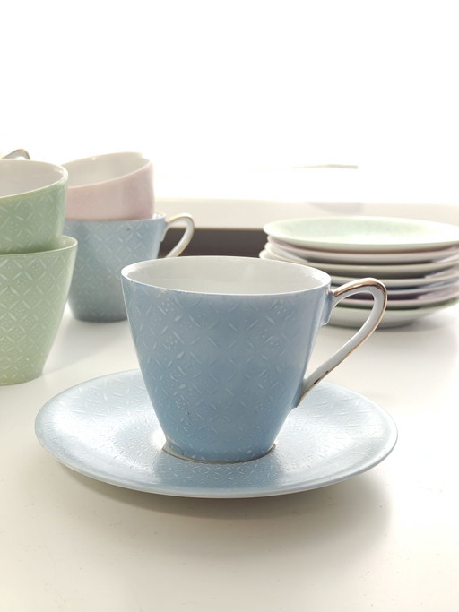 Vintage jaren 50 Krone Porzellan Koffieservies met goudrand - 8 Pastel Kopjes & Schotels - Mid-Century Modern Duitsland