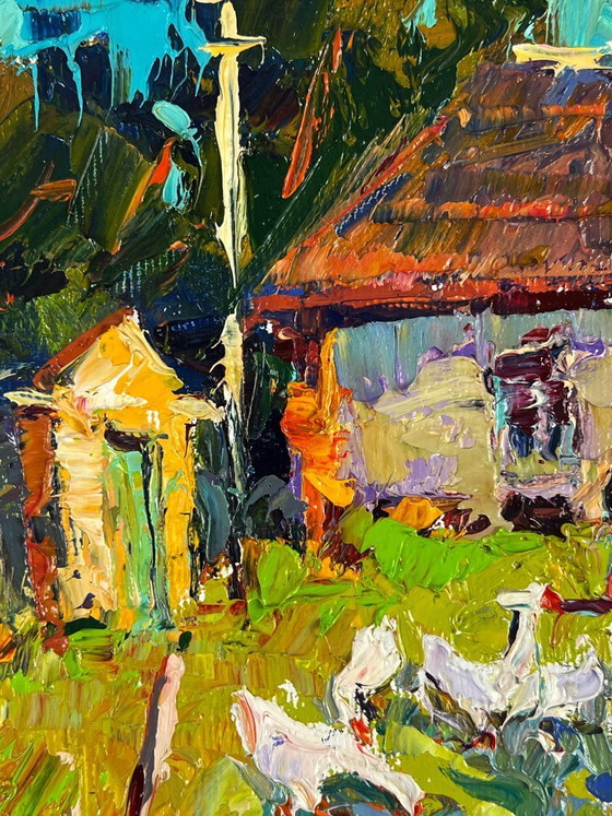 Image 1 of Original Oil Painting Rural Landscape Village Geese in the Yard
