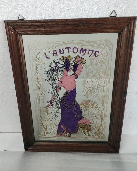 Image 1 of Specchio vintage dipinto (da pub) in stile Mucha