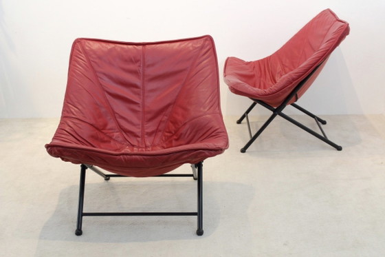 Molinari Foldable Easy Chairs Designed by Teun Van Zanten, Armchairs, Leather, Metal, Red (photo 10 of 10)