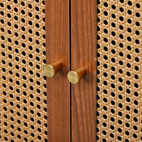 Image 1 of Urban Meuble buffetkast in walnoot look met 3 rotan deuren, handgrepen, gouden pootjes 129.8x40x76cm OMOILL