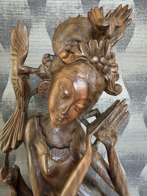 Large Vintage Balinese Hand-Carved Wood Sculpture – Goddess Dewi Sri – beeldhouwkunst (photo 2 of 10)