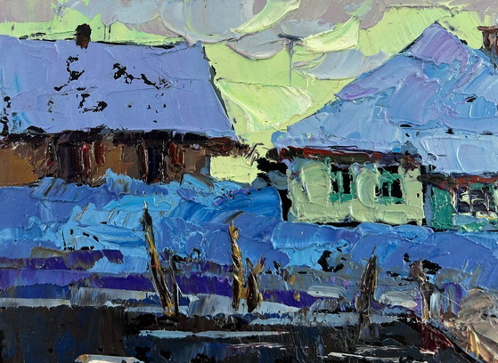 Image 1 of Original Oil Painting Winter River Landscape The evening light of the native house