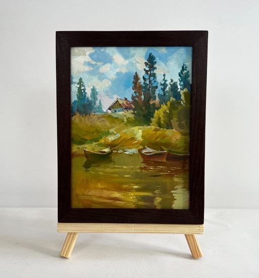Original Oil Painting Coastal Lake Landscape Silence in nature near the lake