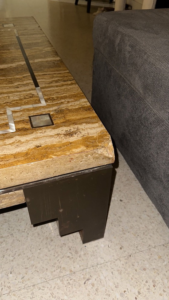 Image 1 of Travertine coffee table with mother-of-pearl inlays
