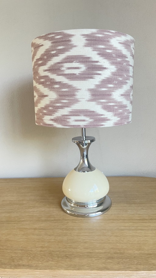 Vintage Handmade Table Lamp (44cm) – Chrome & Beige Base with Old Rose Ikat Shade