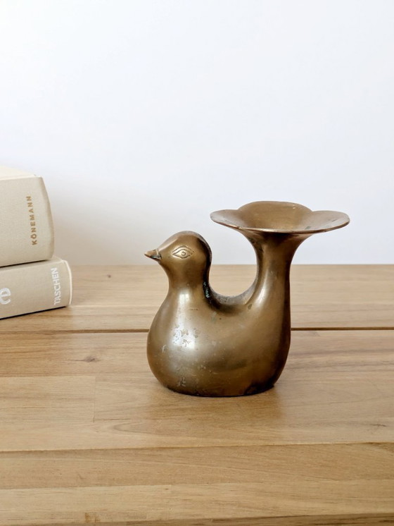 Image 1 of 1960s Midcentury Style Brass Bird Candleholder or Bud Vase, Modern Rustic Accent