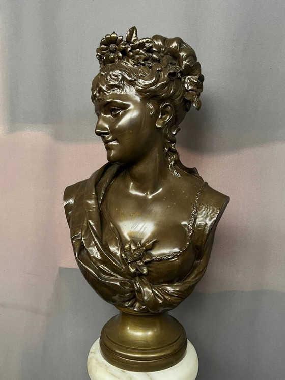 Léopold Harzé (1831–1893). Busto de bronce de una joven sobre una base de mármol. Bélgica. Fechado en 1878. (photo 9 of 9)