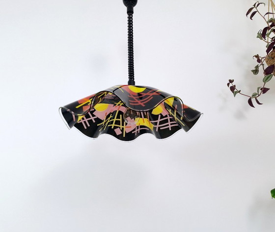 Image 1 of Vintage 1980s Memphis Design Pendant Light / Postmodern Geometric Pull Down Lamp / Roly Poly Spiral Cable Chandelier / Retro Era