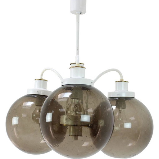 Vintage chandelier in smoked glass, lacquered metal and brass by Drukov, Czechoslovakia 1970
