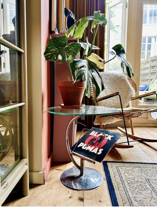 Beistelltisch im Vintage-Design, Glas & Chrom, Weltraumzeitalter