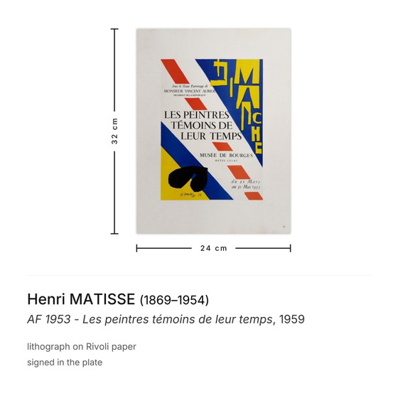Image 1 of Henri Matisse AF 1953 - I pittori come testimoni del loro tempo, litografia 1959