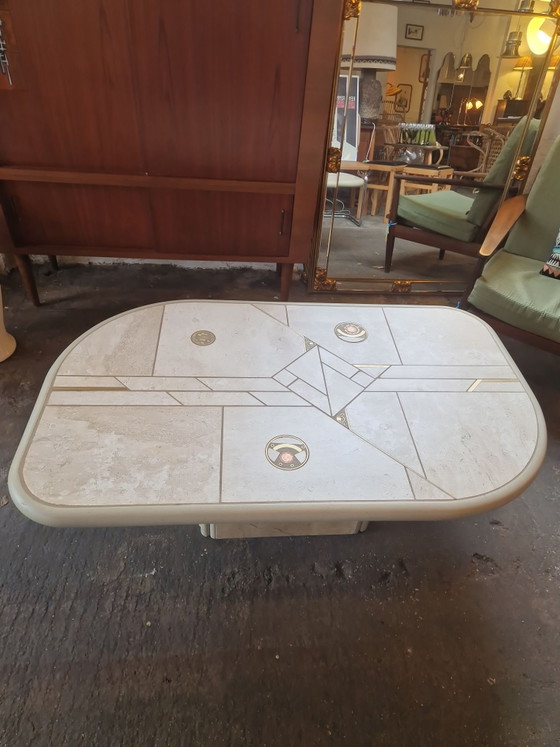 Brutalist Paul Kingma-inspired Coffee Table 1970s, Stone, Brass, Beige (photo 3 of 6)