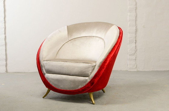 Image 1 of Eye-Catching Guglielmo Veronesi Silver and Red Velvet Italian Lounge Chair for ISA Bergamo. Italy, 1970s.