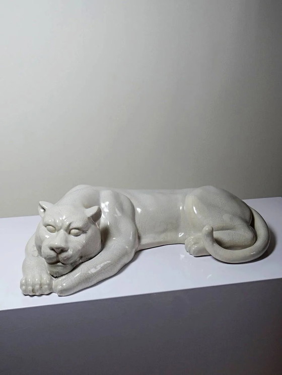 Large elongated panther in crackled earthenware, vintage 1960s-1980s. – Decorative Objects, Porcelain (photo 16 of 16)