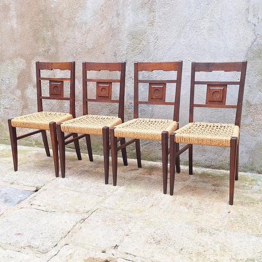 Lot de 4 Chaises en Chêne et Corde par Audoux Minnet Années 50