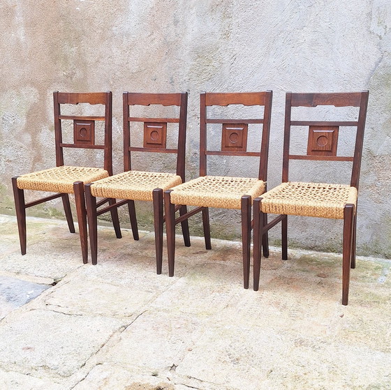 Image 1 of Set of 4 Oak and Rope Chairs by Audoux Minnet 50s