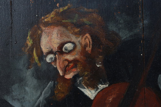 Image 1 of Peinture sur bois du 20e siècle signée S. Gil représentant un violoncelliste dans un théâtre à Paris