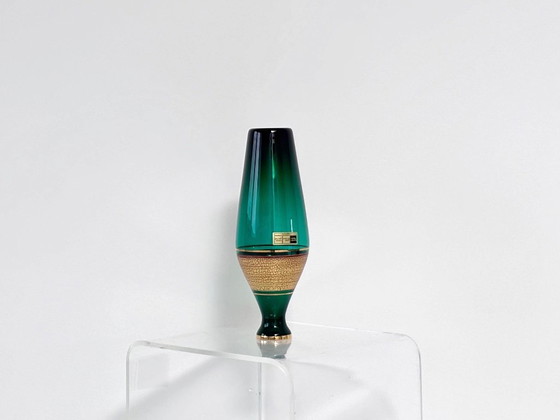 Elegant Vintage Glass Vase by Glashütte Barthmann, Regenhütte, Gold Brocade, Barth-Gold-Mann, Green (photo 6 of 9)