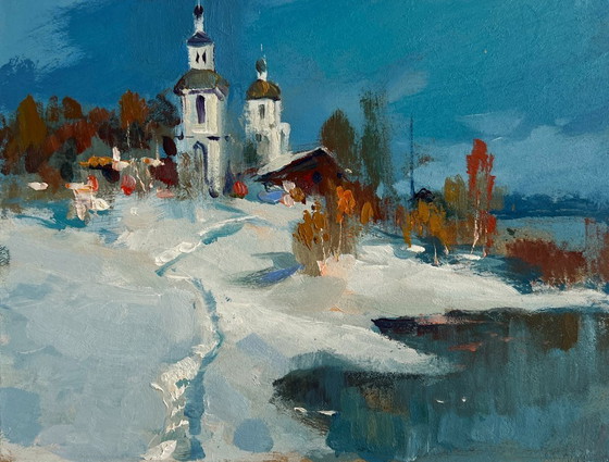 Image 1 of Origineel olieverfschilderij: Sneeuwdorplandschap. De eerste sneeuw viel.
