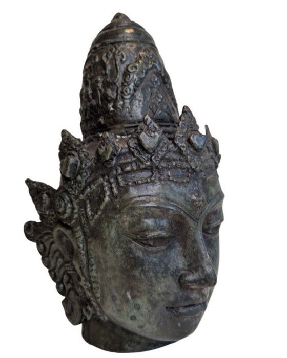 Antica testa in bronzo di una divinità incoronata, probabilmente Vishnu – Giava - 094 – Sculture, Bronze (photo 2 of 9)