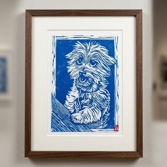 Image 1 of Portrait de Yorkie gravé à la main sur linogravure