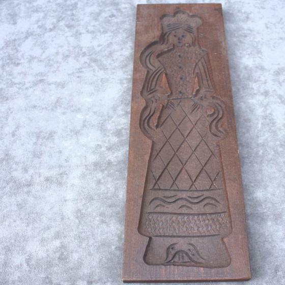Image 1 of Antique Large french speculatus mould young lady in carved wood from Europe speculoos, biscoff, gift for her him country kitchen