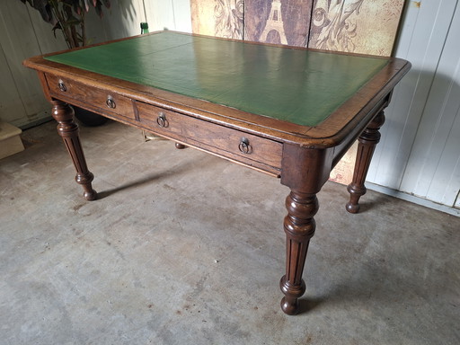 Antieke 2-zijdige schrijftafel, partners desk bureau met lederen inleg (gerestaureerd) afm.127x86cm en 76cm hoog 