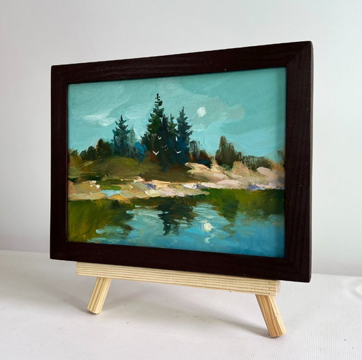 Original Oil Painting Coastal Forest Landscape Forest in the reflection of the river