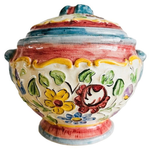 Bonbonnière vintage Rigo Majolica peinte à la main, à couvercle fleuri, années 1950