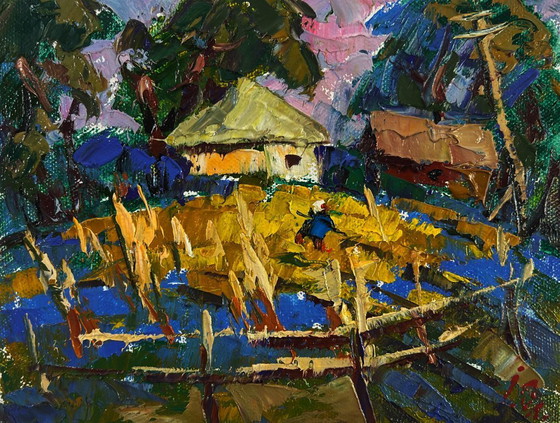 Image 1 of Original Oil Painting Summer Houses Landscape Village evening tranquility
