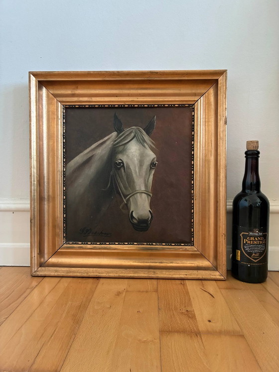 Origineel vintage olieverfschilderij van een wit paard, gesigneerd ruiterportret – Schilderijen & Tekeningen (photo 15 of 19)