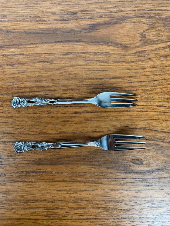 Image 1 of Set of 10+1 Japanese Stainless Steel Dessert Forks, Rose Pattern, 1970
