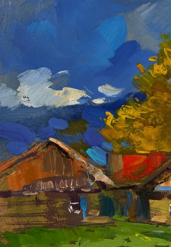 Image 1 of Original Oil Painting Rural Life Landscape Path to the Village