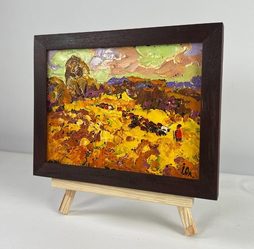 Original Oil Painting Evening Field Landscape Autumn is floating over the horizon