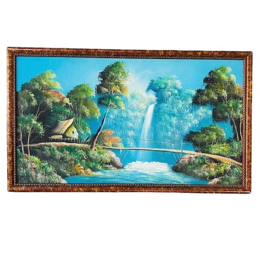 Vintage Indonesisch Ölgemälde XL Landschaft Wasserfall