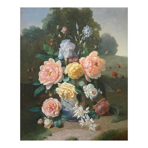 Henri Robbe, Bunch of Flowers Still Life, Oil on Panel, 1840s