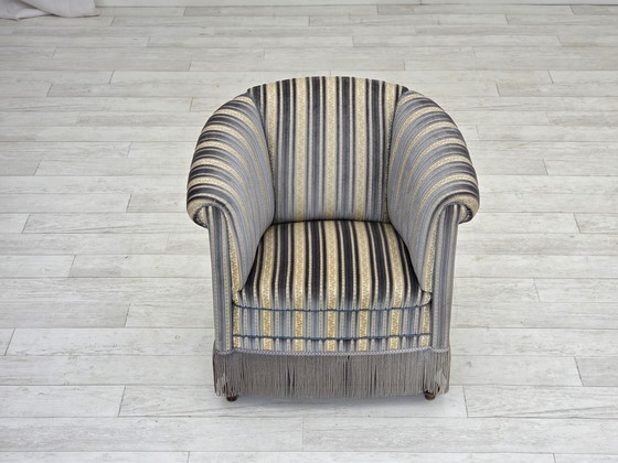 Image 1 of 1960s Danish Lounge Chair, Blue/Beige Furniture Velour, Beech Wood Legs