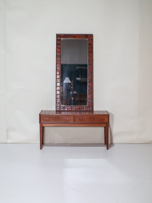 Nackenset Bank mit Spiegel Dänisch Vintage Teak Rot Kacheln