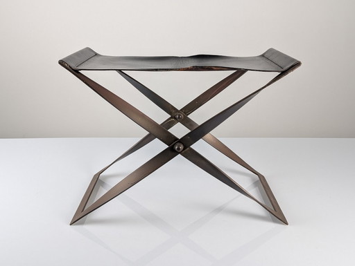 Tabouret pliant en acier et cuir, Danemark années 1960