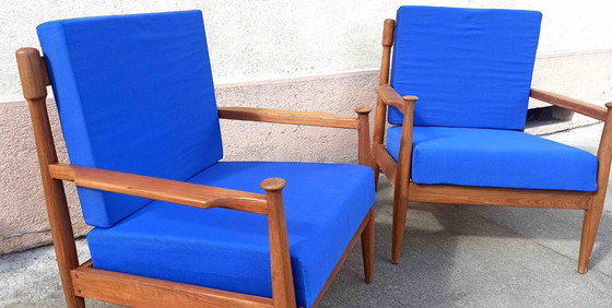 Image 1 of Pair of Scandinavian armchairs with blue cushions, 1960s