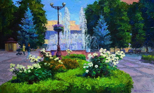Origineel olieverfschilderij Stadsgezicht Zomer Stadsplein met fonteinen