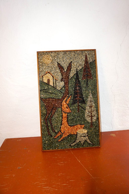 mid-century forest scene wall art * textured gravel mosaic * deer and trees * alpine chalet style * kitsch woodland decor * natu