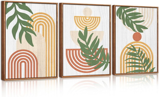 CHDITB Lot de 3 affiches bohèmes vertes sauge avec cadre en bois - Décoration murale 3D bohème abstraite - Décoration murale 3D 