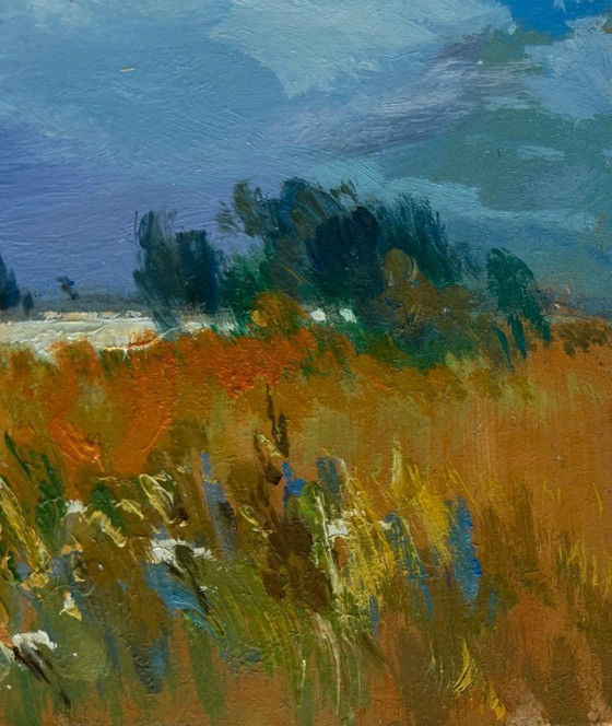 Image 1 of Original Oil Painting Summer Field Landscape The sun shines through the clouds